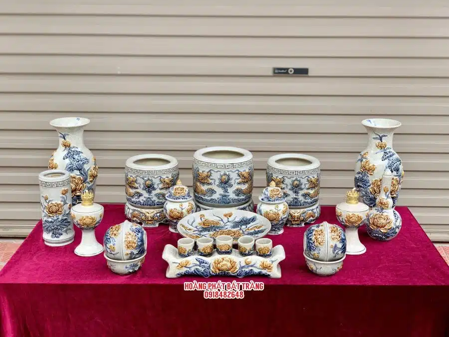 Bộ đồ thờ men rạn đắp nổi số 06 Bát Tràng