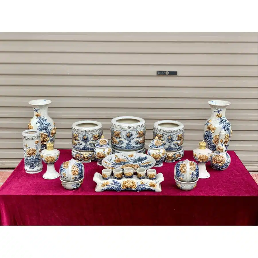 Bộ đồ thờ men rạn đắp nổi số 06 Bát Tràng