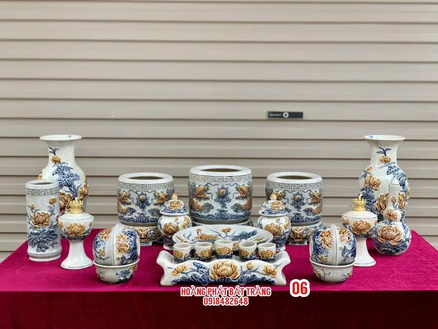 Bộ đồ thờ men rạn đắp nổi số 06 Bát Tràng