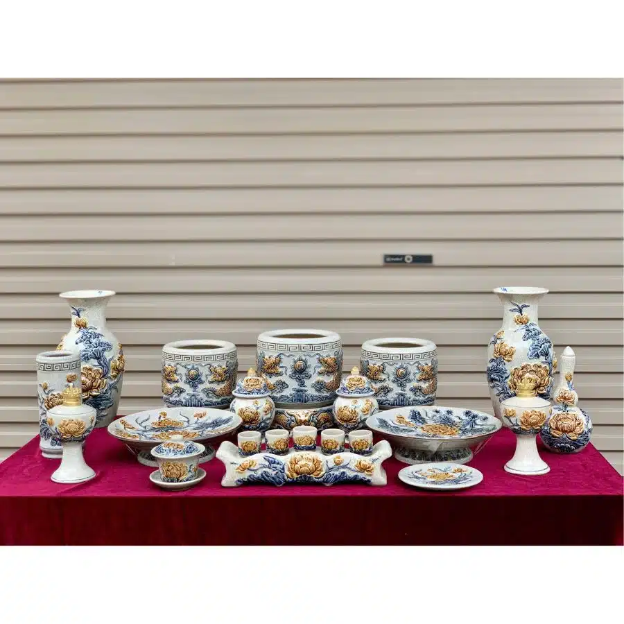 Bộ đồ thờ men rạn đắp nổi số 08 Bát Tràng