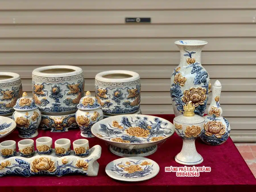 Bộ đồ thờ men rạn đắp nổi số 08 Bát Tràng