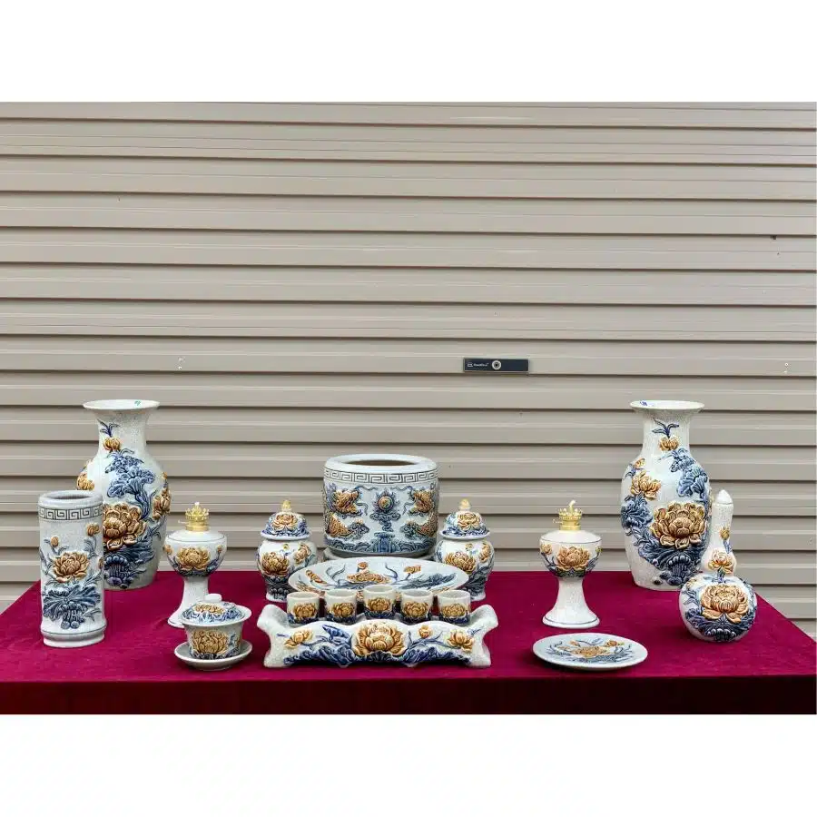 Bộ đồ thờ men rạn đắp nổi số 09 Bát Tràng