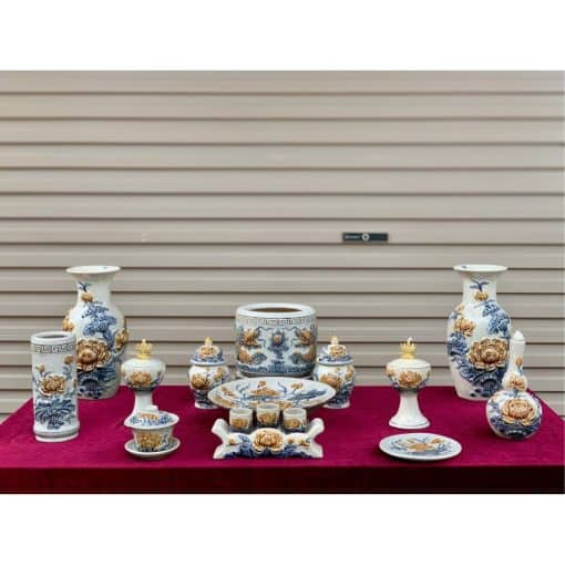 Bộ đồ thờ men rạn đắp nổi số 10 Bát Tràng