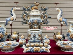 Bộ đồ thờ men rạn đắp nổi số 11 Bát Tràng