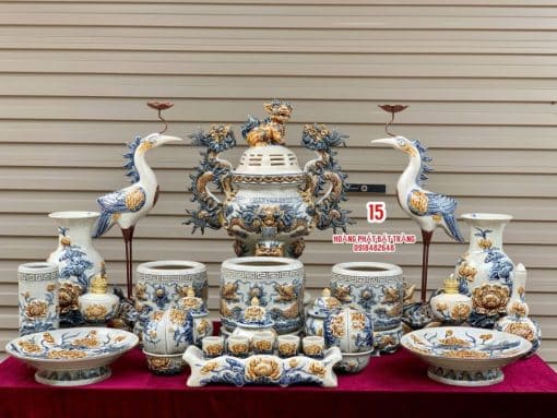 Bộ đồ thờ men rạn đắp nổi số 15 Bát Tràng