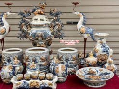 Bộ đồ thờ men rạn đắp nổi số 15 Bát Tràng