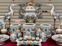 Bộ đồ thờ men rạn đắp nổi số 15 Bát Tràng