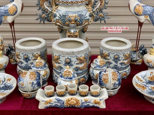 Bộ đồ thờ men rạn đắp nổi số 15 Bát Tràng