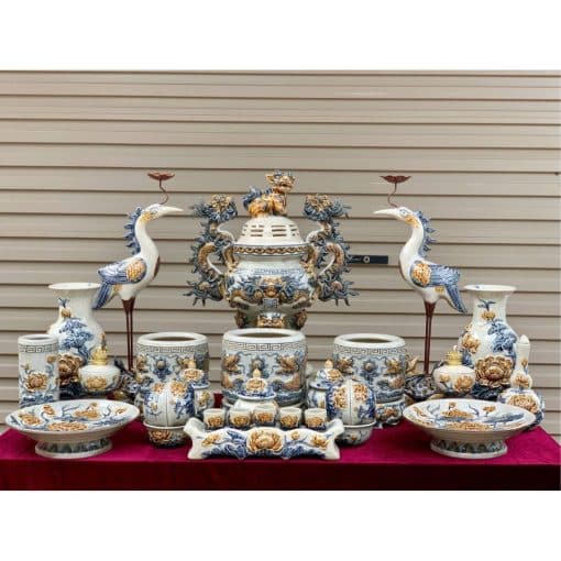 Bộ đồ thờ men rạn đắp nổi số 15 Bát Tràng