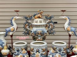 Bộ đồ thờ men rạn đắp nổi số 15 Bát Tràng