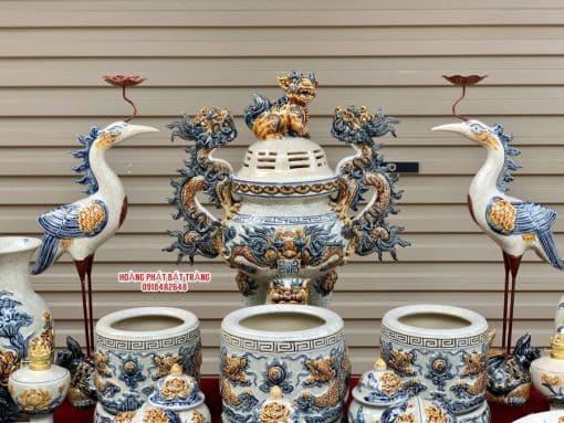 Bộ đồ thờ men rạn đắp nổi số 15 Bát Tràng