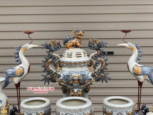 Bộ đồ thờ men rạn đắp nổi số 16 Bát Tràng