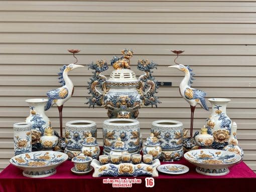 Bộ đồ thờ men rạn đắp nổi số 16 Bát Tràng
