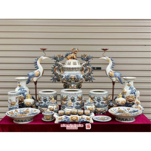 Bộ đồ thờ men rạn đắp nổi số 16 Bát Tràng
