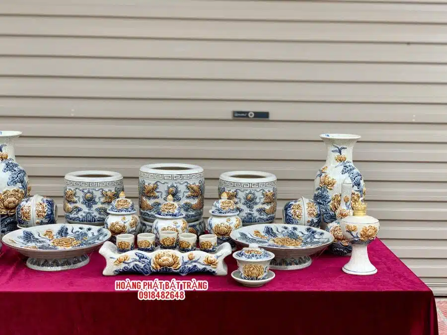 Bộ đồ thờ men rạn đắp nổi số 02 Bát Tràng