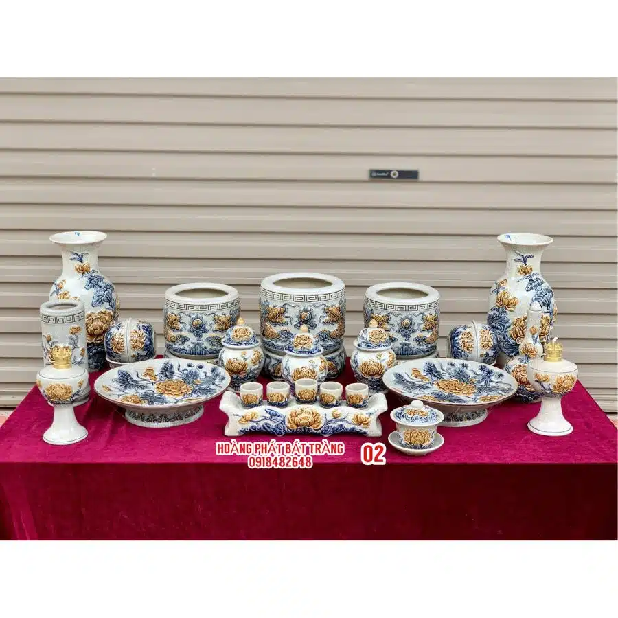 Bộ đồ thờ men rạn đắp nổi số 02 Bát Tràng