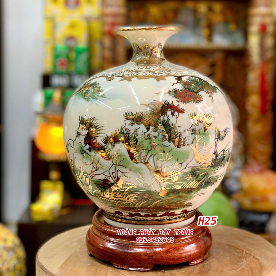 Bình tài lộc nhị cảnh Bát mã và thuận buồm xuôi gió vẽ vàng H35