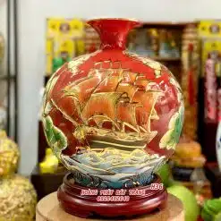 Bình tài lộc thuận buồm xuôi gió nền đỏ vẽ vàng H35