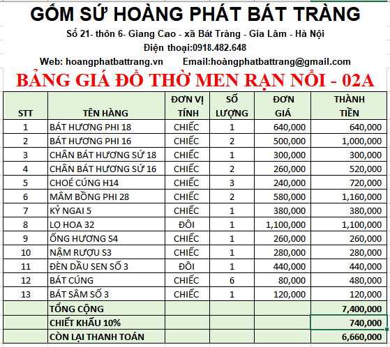 Bộ đồ thờ men rạn đắp nổi số 02A Bát Tràng