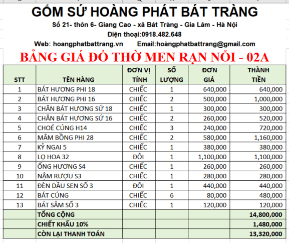 Bộ đồ thờ men rạn đắp nổi 02A