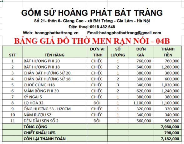 Bộ đồ thờ men rạn đắp nổi 04B