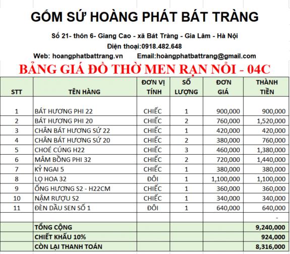 Bộ đồ thờ men rạn đắp nổi 04C