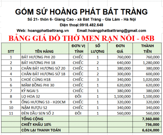 Bộ đồ thờ men rạn đắp nổi 05B