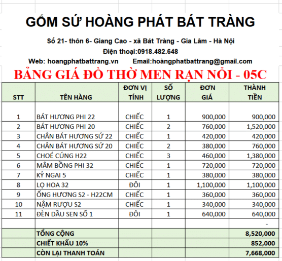 Bộ đồ thờ men rạn đắp nổi Bát Tràng 05C