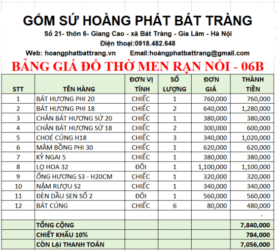 Bộ đồ thờ men rạn đắp nổi 06B