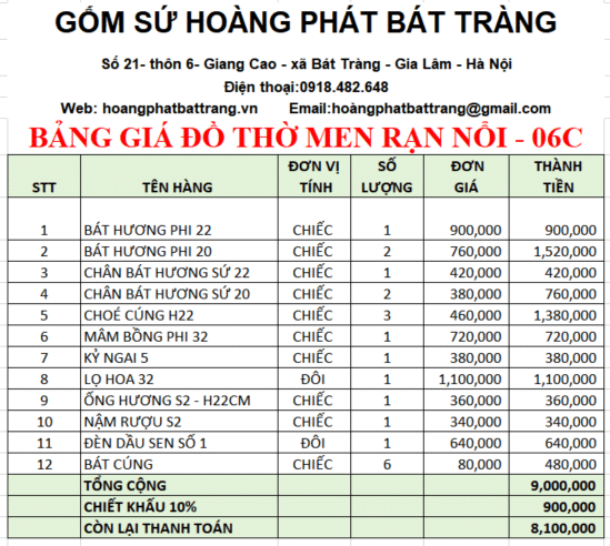 Bộ đồ thờ men rạn đắp nổi 6C