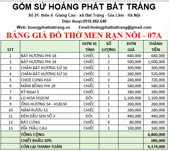 Bộ đồ thờ men rạn đắp nổi số 07A Bát Tràng