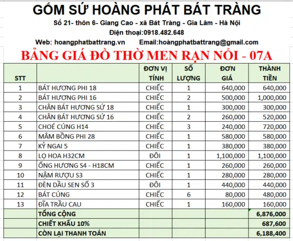 Bộ đồ thờ men rạn đắp nổi 07a