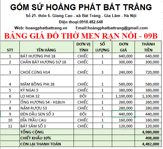 Bộ đồ thờ men rạn đắp nổi 09B