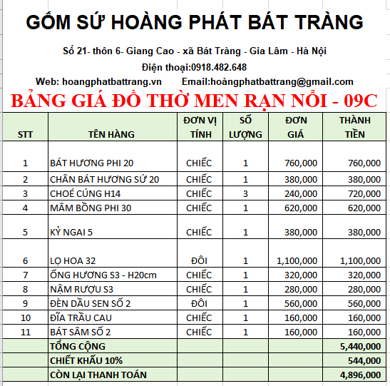 Bộ đồ thờ men rạn đắp nổi 9C