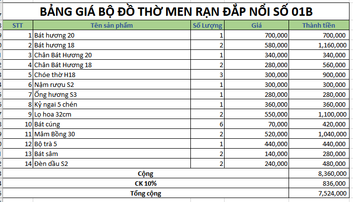 Bộ đồ thờ men rạn đắp nổi số 01B Bát Tràng