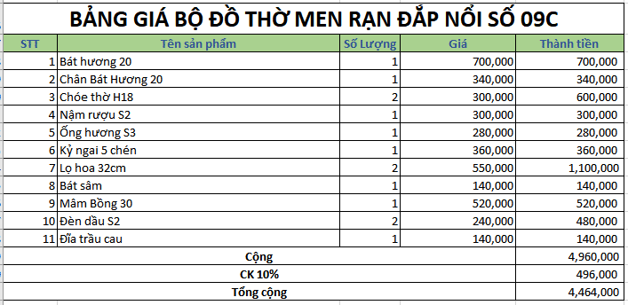 Bộ đồ thờ men rạn đắp nổi số 09C Bát Tràng