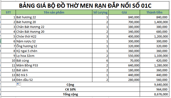 Bộ đồ thờ men rạn đắp nổi số 01C Bát Tràng