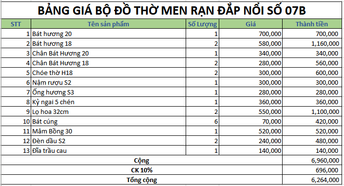 Bộ đồ thờ men rạn đắp nổi số 07B Bát Tràng