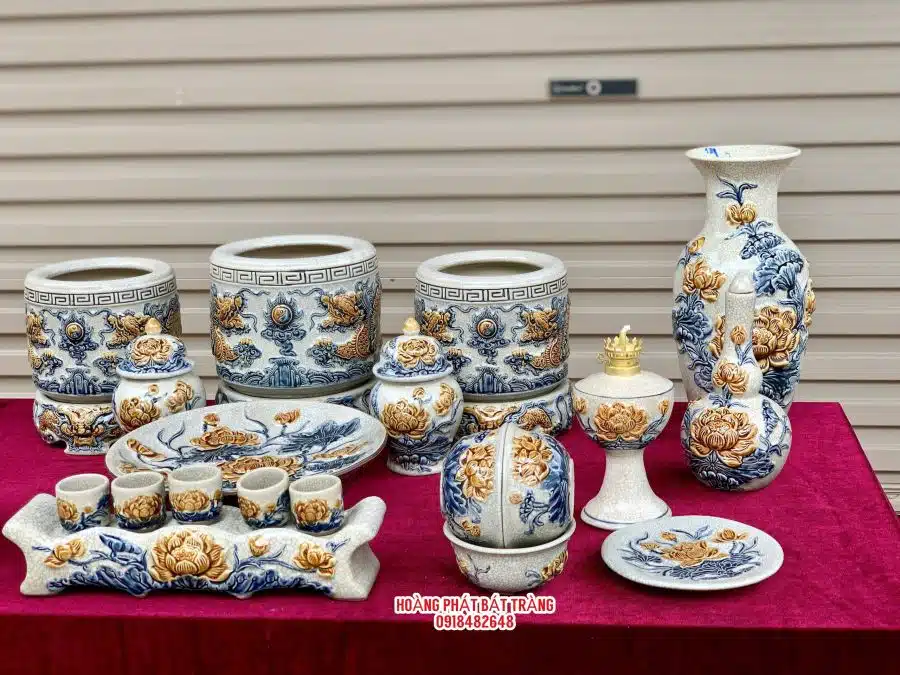 Bộ đồ thờ men rạn đắp nổi số 07 Bát Tràng