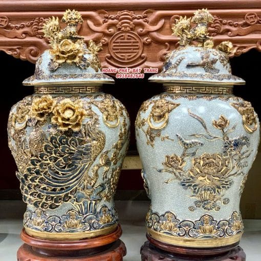 Chóe công danh phú quý men rạn đắp nổi vẽ vàng 40L
