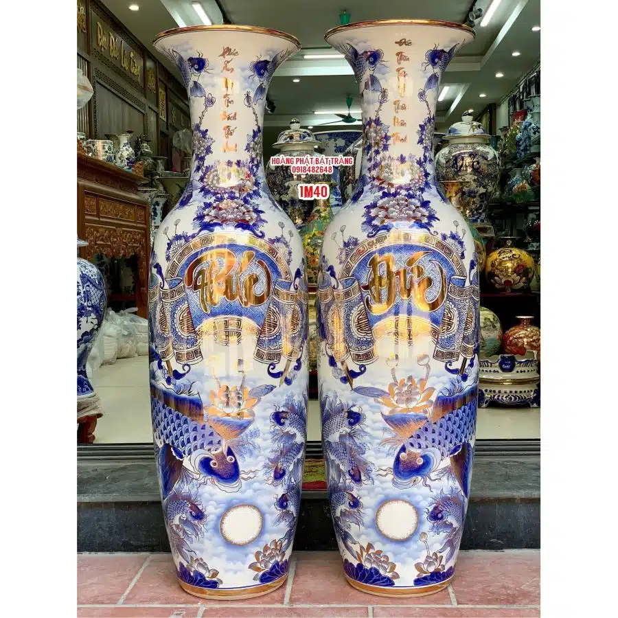 Lục bình sứ Phúc Đức vẽ vàng cao cấp Bát Tràng