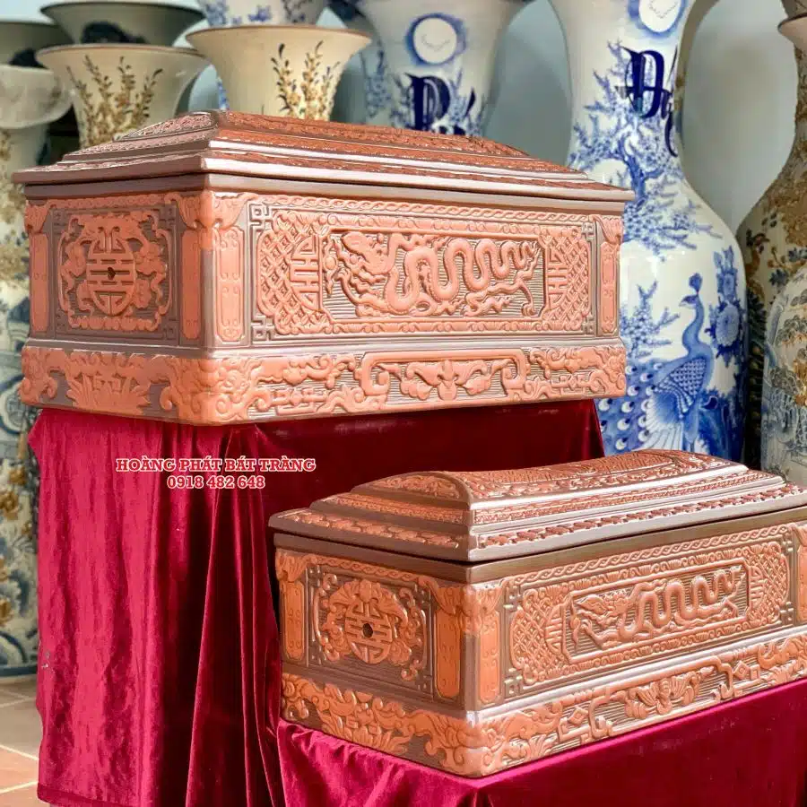 Quách tiểu sành rồng chân quỳ đỏ 2 màu cỡ Đại QTSA94