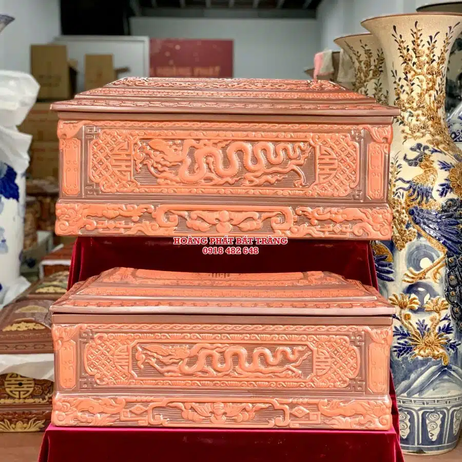 Quách tiểu sành rồng chân quỳ đỏ 2 màu cỡ Đại QTSA94