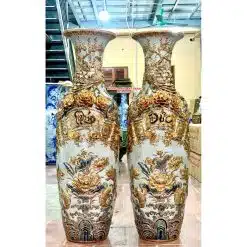 Lục bình sứ Phúc Đức men rạn đắp nổi kênh vẽ vàng kim 1m4