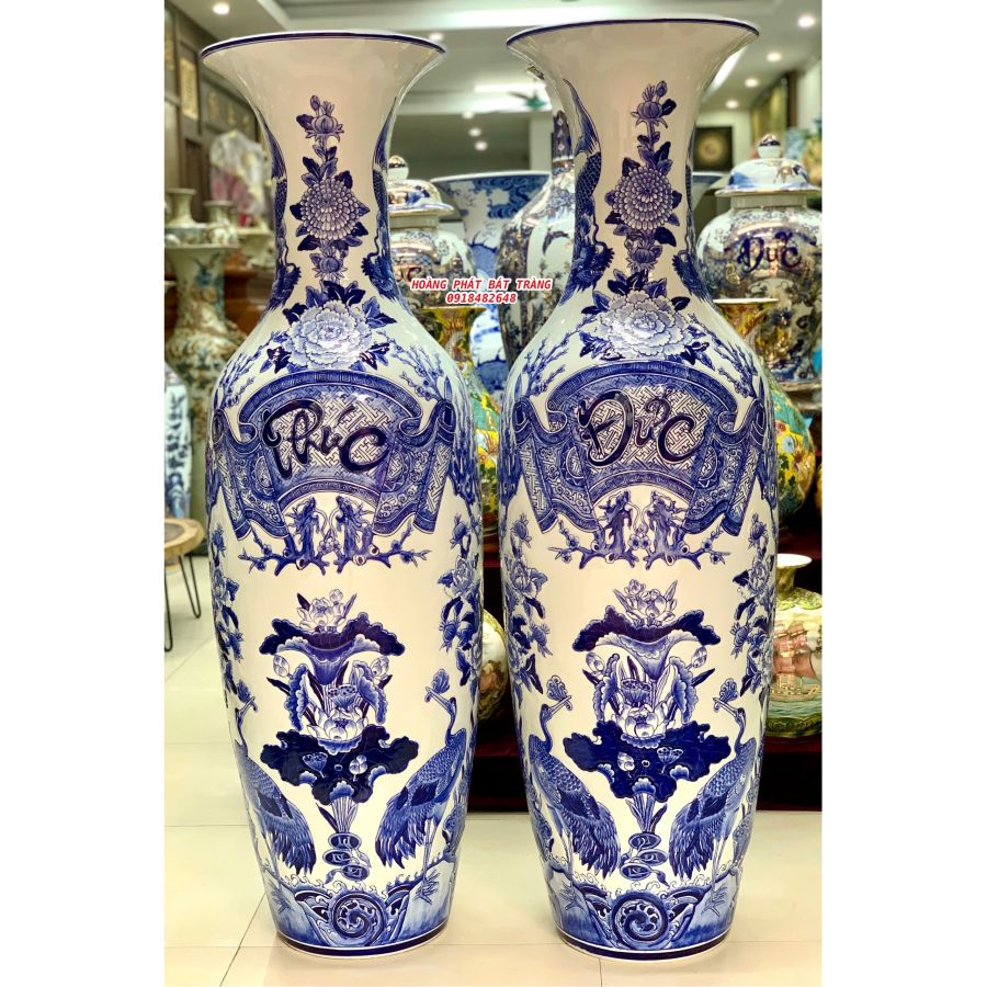 Lục bình sứ Phúc đức men lam khử khắc nổi cao cấp 1m4