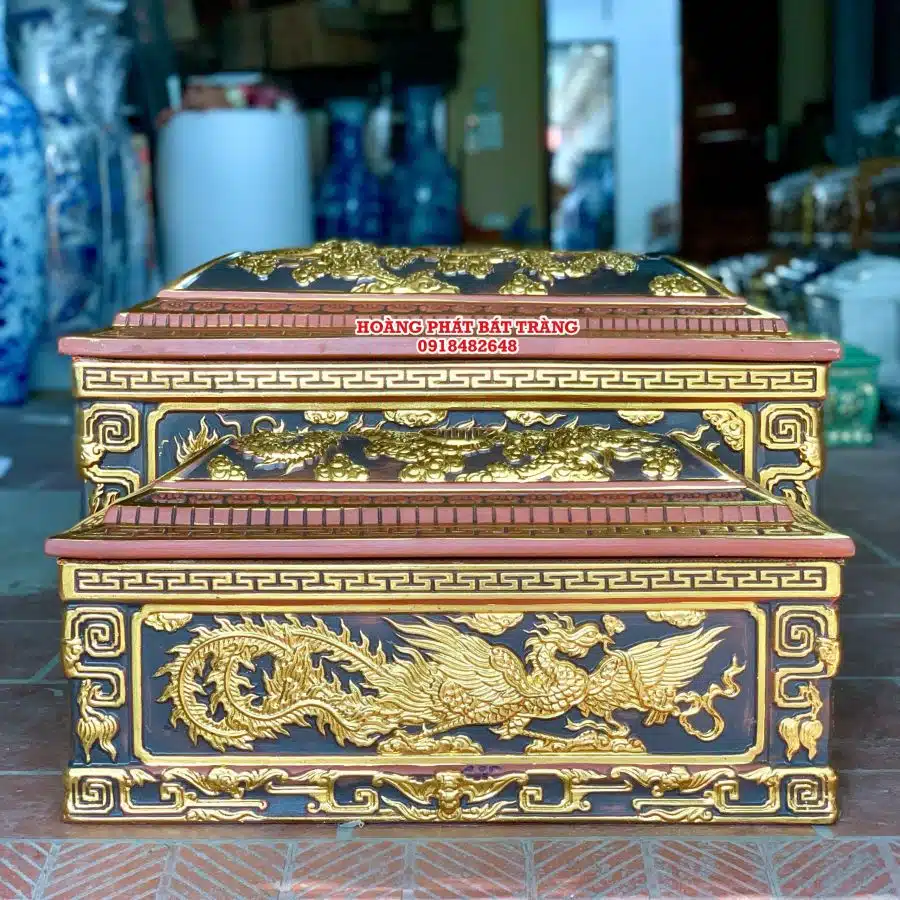 Quách tiểu sành Song Linh dát vàng cỡ Đại mái Vòm QTSA102