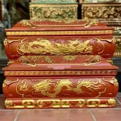 Quách tiểu sành Song linh nền đỏ dát vàng cỡ Đại QTSA103