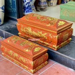 Quách tiểu sành Song linh nền đỏ dát vàng cỡ Đại QTSA103