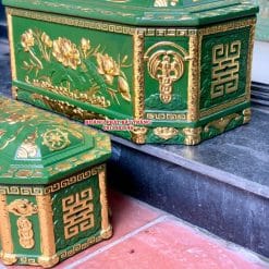 Quách tiểu sành bát giác hoa sen xanh bộ đội dát vàng