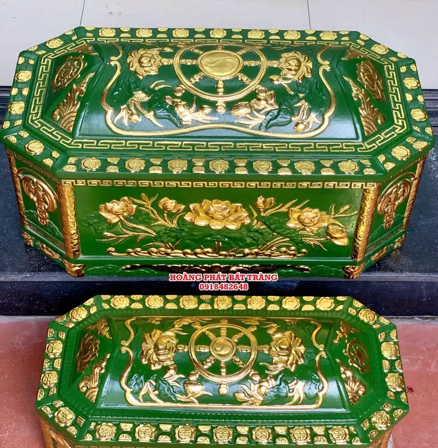 Quách tiểu sành bát giác hoa sen xanh bộ đội dát vàng